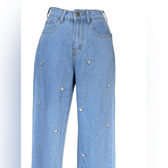 Between Us women’s hearts rhinestones wide led denim jeans raw hem size 0 used - Picture 4 of 9